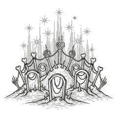 Mysterious occult graveyard scene with ancient gravestones and celestial sparkles vector