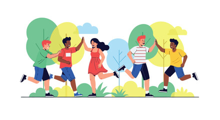 Joyful Friends High Fiving While Running in a Park Among Greenery and Nature