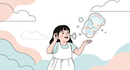 Joyful Girl Blowing Enchanting Bubbles Amidst Whimsical Pastel Clouds and Delights