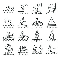 Line art of water sports: swimming, snorkeling, diving, sailing, kayaking, windsurfing, parasailing
