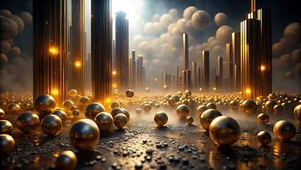Abstract golden cityscape with spheres and towers in a futuristic design