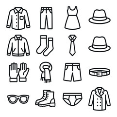 Monochrome icon set of clothing and accessories