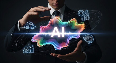 Businessman gesturing towards evolving ai technology concept with colorful glowing neural network and data visualization