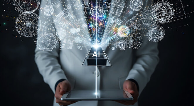 Futuristic scientist person holding tablet displaying holographic data and glowing network connections