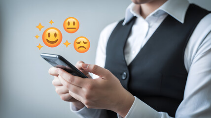 Emoji Communication: A close-up shot of a person engrossed in texting on their smartphone, enhanced with floating emoji above it, conveying a blend of happiness and somberness.