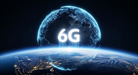 Glowing 6g text superimposed on a digital earth, illustrating global network and future communication