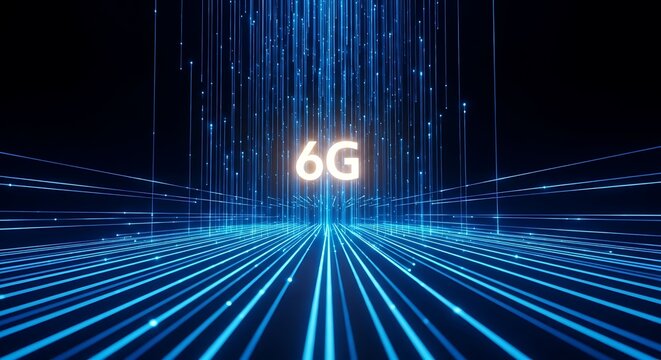 Abstract blue light streaks and 6g text on a dark background, representing future technology and connectivity - Powered by Adobe