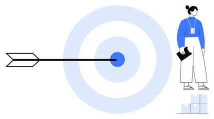 Arrow hitting bullseye on target, woman holding clipboard, abstract steps. Ideal for teamwork, business strategy, goal setting, leadership, precision, career planning simple flat metaphor