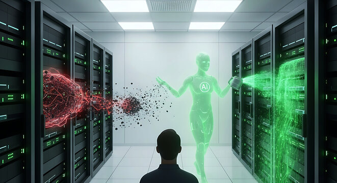 Futuristic data center hologram person future technology digital transformation ai server room innovation