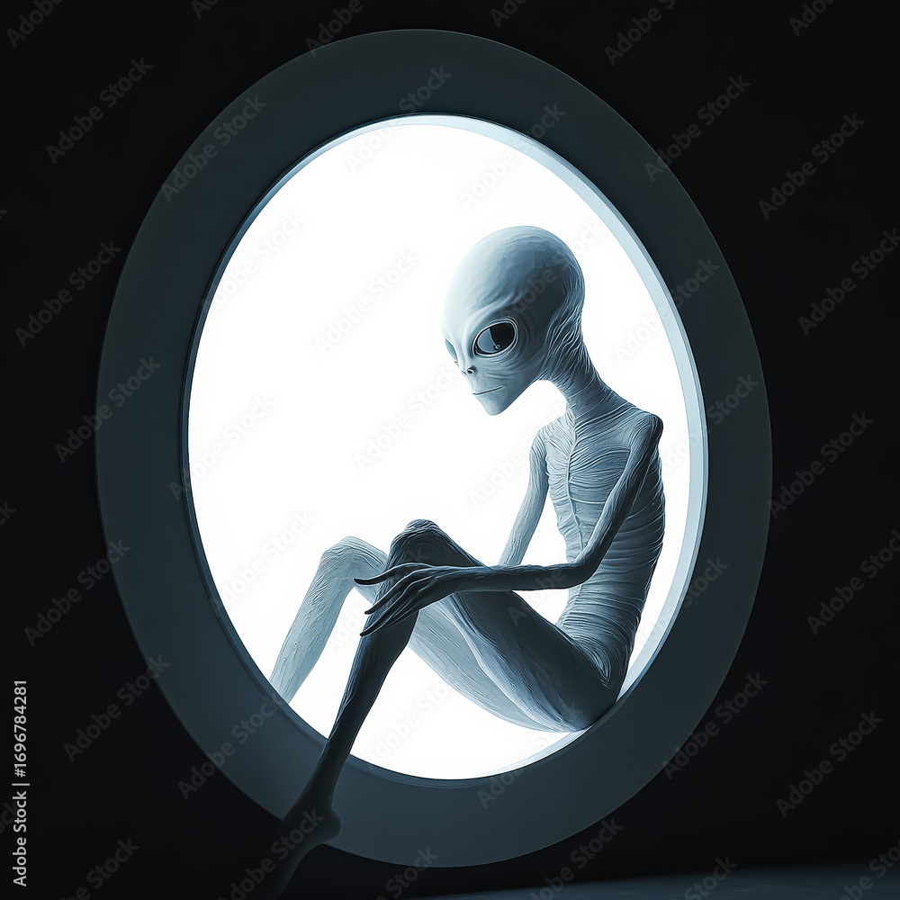 Poster alien figure sitting in a circular window, illuminated by soft light, creating an ethereal atmospher