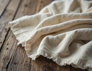 Soft natural linen fabric with delicate ruffled edge on rustic wooden surface