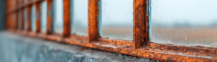 Fototapeta premium Grunge Rusty Edgy concept. Rusty window frame with condensation and blurred landscape background.