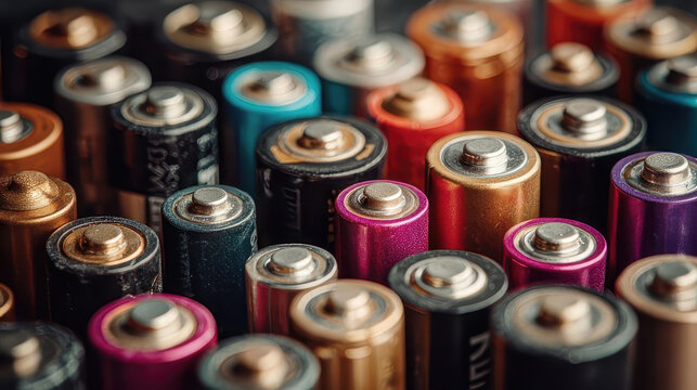 Colorful group of cylindrical aa batteries forming a background