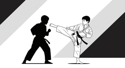 Naklejka premium Karate Duel Depicted In Black And White Illustration With Dynamic Poses and Artistic Style