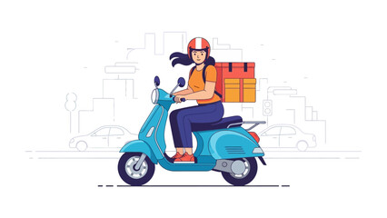 Speedy Delivery: A vibrant illustration captures a cheerful courier on a retro scooter, delivering packages with speed. the epitome of efficient service.