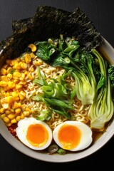 Delicious Ramen Noodle Bowl with Toppings.