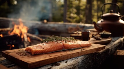Delicious Salmon Fillet Cooking Over Campfire in Forest.