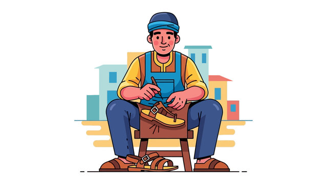 Artisan's Craft: A skilled craftsman diligently repairs a shoe, surrounded by the charming cityscape, showcasing the artistry and dedication to his trade.