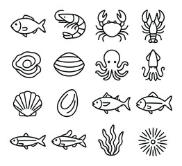 Seafood icon set featuring fish, shellfish, and sea creatures in simple black outlines