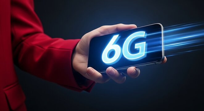 Hand holding a smartphone displaying the text 6g with blue light trails emanating from the screen