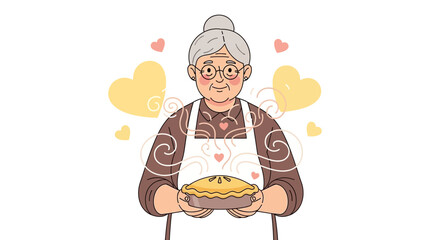 Loving Grandmother Baking And Presenting Freshly Made Pie With Heart Shaped Symbols