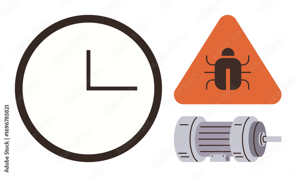 Poster clock, triangle with bug, motor symbolizing downtime, error detection, maintenance, troubleshooting.
