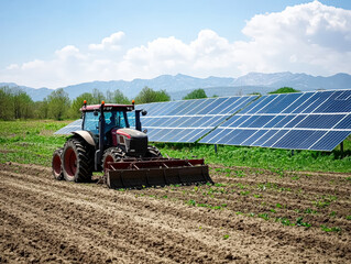 Obraz premium Tractor plowing field with solar panels in the background, showcasing modern agricultural practices and sustainable energy solutions in rural landscape