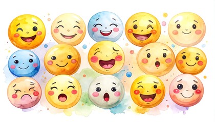 Assorted watercolor emoticon collection conveying range of distinct emotions