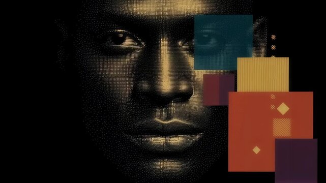 African american man portrait with colorful geometric shapes. Dark moody lighting. Abstract art concept. Creative digital composition for music album cover or modern advertising.