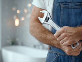 Handyman in blue denim overalls holding adjustable wrench ready for plumbing or repair work. Home or bathroom maintenance, tools and household services background