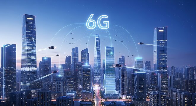 Futuristic cityscape illuminated by 6g network signals, connecting skyscrapers and flying drones