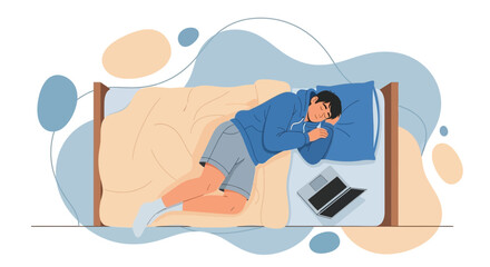 Fototapeta premium Peaceful Slumber: A Young Person Resting Comfortably In A Bed With A Laptop Close By