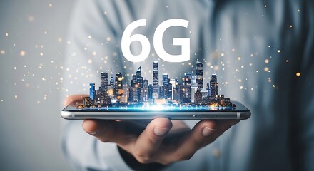 Hand holding a smartphone displaying a futuristic city with 6g technology
