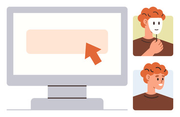 Red-haired person holding a mask, computer screen with cursor, and a genuine expression. Ideal for identity, privacy, cyber security, deception, trust technology social media. Simple flat metaphor