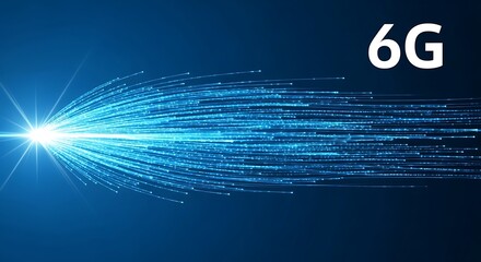 Abstract visualization of 6g data transmission, with a bright light source emitting numerous blue streaks