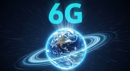Earth encircled by glowing rings representing 6g network signals, symbolizing global connectivity