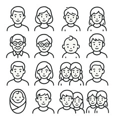 Diverse family portraits featuring various ages and genders in simple line art style