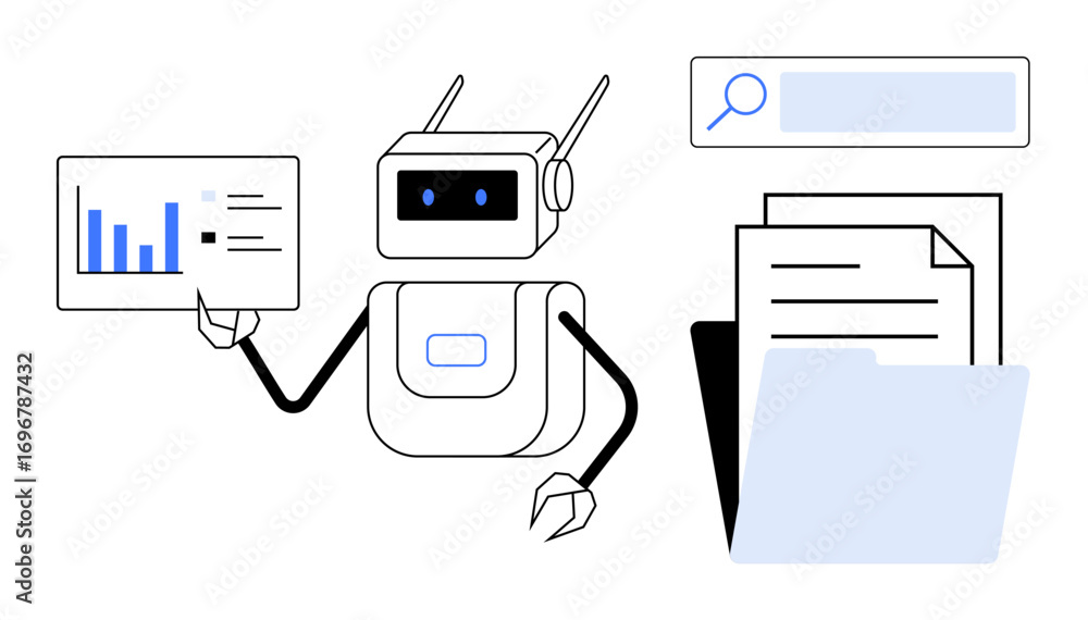 Poster robot presenting bar graph, documents in folder, search bar suggesting technology usage. ideal for a