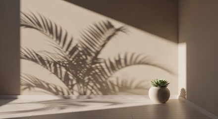 Sunlight casting dramatic palm leaf shadows on a wall in a minimalist room.