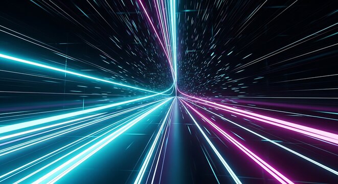 Abstract tunnel of vibrant neon light streaks in a futuristic digital data stream