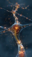 Detailed neuron with glowing impulses representing brain activity and neural networks.