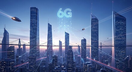 Futuristic 6g cityscape with advanced transportation and digital network integration
