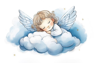 Angel sleeping on the cloud isolated on white background