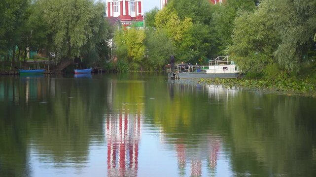 View of Church of the Forty Martyrs of Sebaste reflecting in Trubezh river in Pereslavl-Zalessky, Yaroslavskaya oblast, Russia