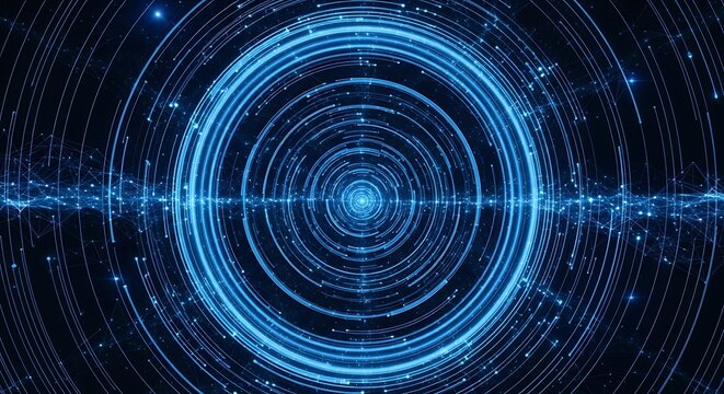 Abstract blue concentric circles with glowing particles and light effects, representing data flow or energy