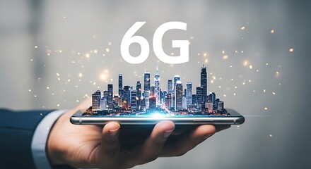 A hand holding a smartphone displaying a miniature city skyline with 6g text, symbolizing future connectivity
