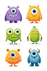 Six colorful and funny cartoon monsters standing and smiling
