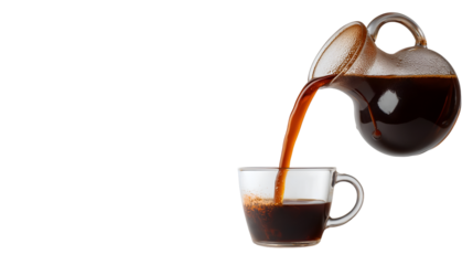 Coffee pouring into glass cup on transparent background