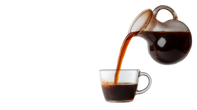 Coffee pouring into glass cup on transparent background