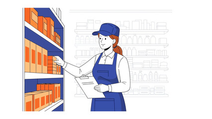 Shop Assistant Organising Inventory: A shop assistant diligently organises shelves, meticulously arranging products in a modern retail environment.
